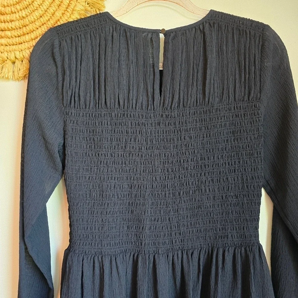 Club Monaco NEW Navy Blue Smocked Long Sleeve Babydoll Dress SZ 4 Minimalist